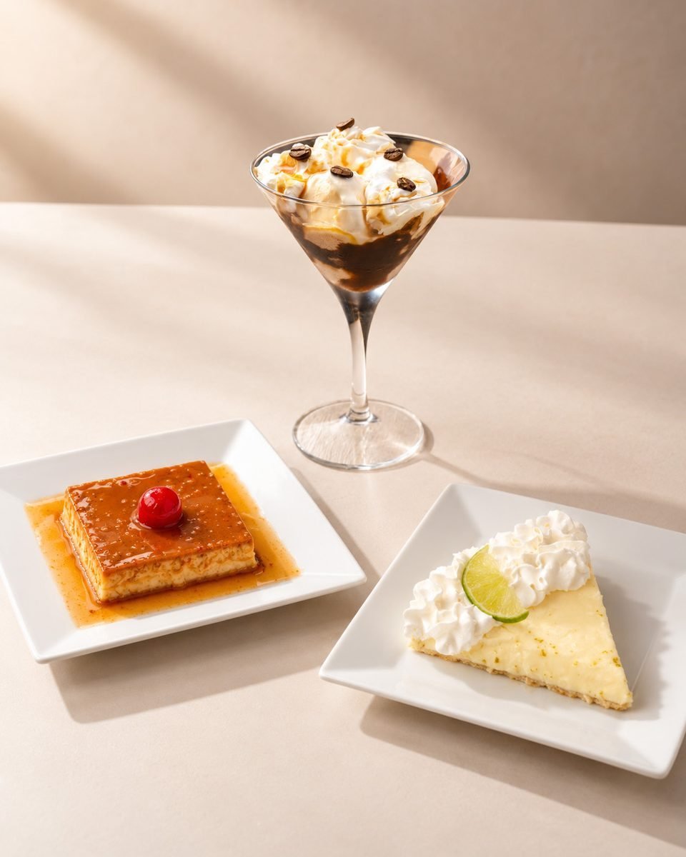 Flan de Coco, Pie de Limón y Affogato